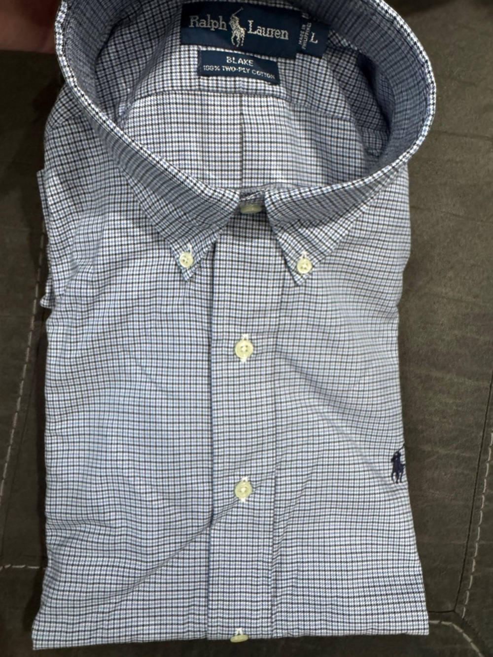 NEW LARGE Ralph Lauren Blake Blue and White Mini Check Button-Down Shirt
